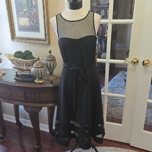 Eliza J Black Midi Dress Sheer Polka Dot Detail Tie Waist Sleeveless Size 8 NEW